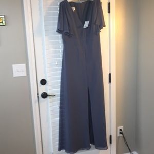 NWT steel blue formal with cap sleeves & slit.